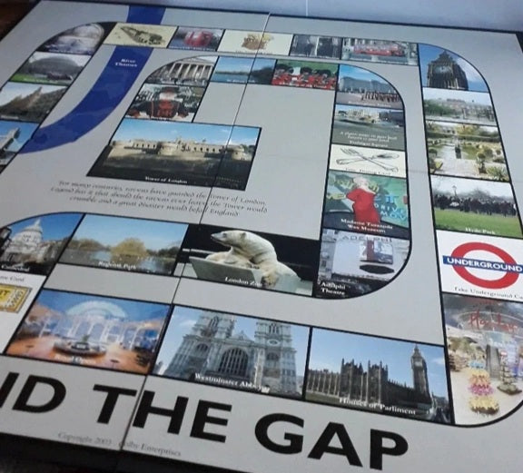Board game titled 'Find the Gap' with various images and text on a white background