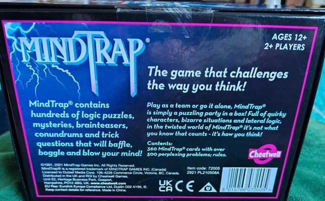 Back of a MindTrap game box with text and branding.