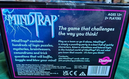 Back of a MindTrap game box with text and branding.