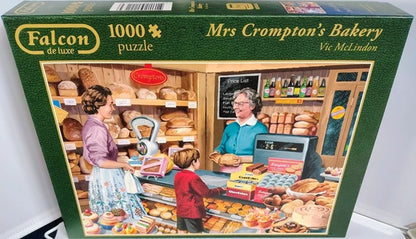 Jigsaw puzzle box titled 'Mrs Crompton's Bakery' by Falcon de luxe on a white background