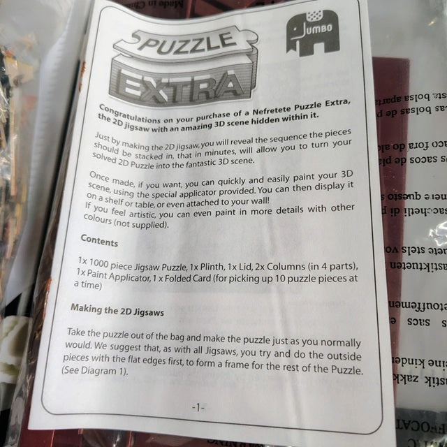 Instruction sheet for a Nefertite Puzzle Extra with Jumbo branding