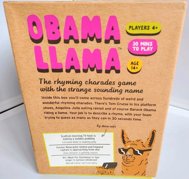 Box of 'Obama Llama' game with text and illustration on a white background
