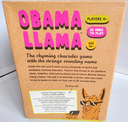Box of 'Obama Llama' game with text and illustration on a white background