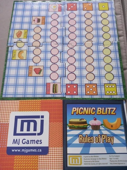 Board game components including a checkered board, dice, and 'Picnic Blitz' rules sheet with MJ Games branding.