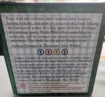 Back of a board game box with text and graphics, featuring Alex Weldon's name.