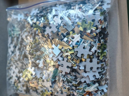 A clear plastic zip-top bag filled with many small jigsaw puzzle pieces, photographed close up against a neutral surface.