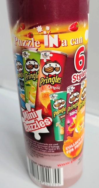 Can of Pringles mini puzzles with colorful packaging on a white background