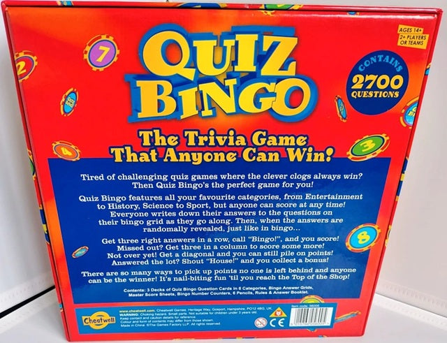 Quiz Bingo game box with colorful text and graphics on a white background