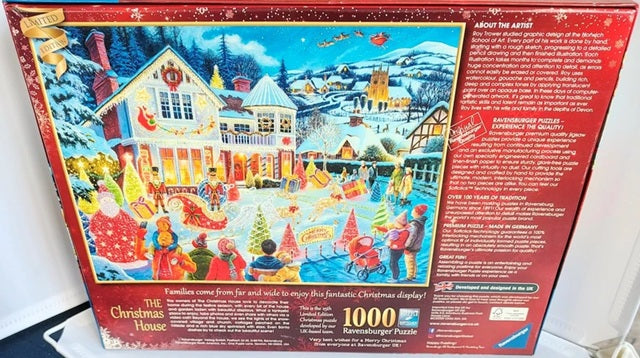 Puzzle box with a colorful winter scene and 'The Christmas House' text