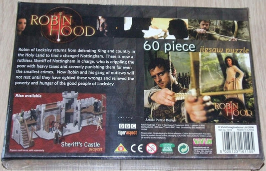 Robin Hood puzzle box with text and images of characters and scenes.