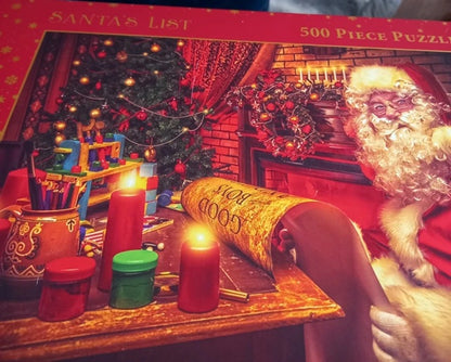 Christmas-themed puzzle with Santa Claus and a fireplace, featuring a 'Good List' scroll.
