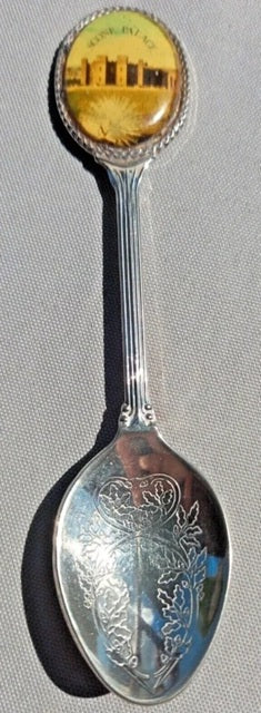 Silver spoon with decorative handle featuring a yellow design on a gray background