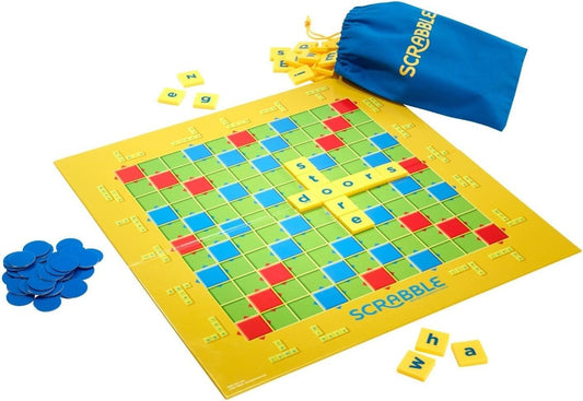 Scrabble game set with board, tiles, and bag on a white background