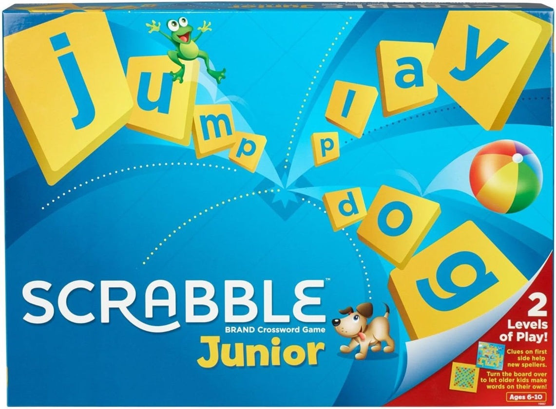 Scrabble Junior game box with colorful letters and characters on a blue background