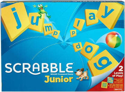 Scrabble Junior game box with colorful letters and characters on a blue background