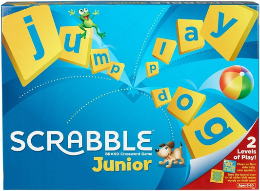 Scrabble Junior game box with colorful letters and characters on a blue background