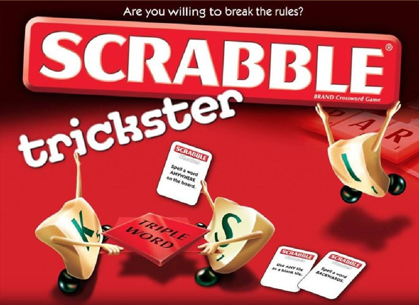 Scrabble Trickster game box with tiles and text on a red background
