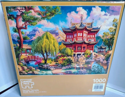 Jigsaw puzzle box with a scenic design of a temple and nature.