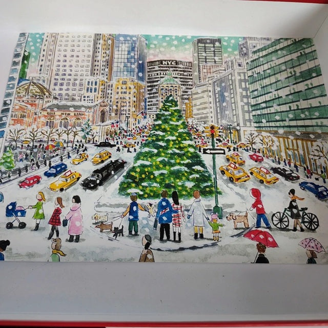 Illustration of a snowy city street with a Christmas tree and people walking.