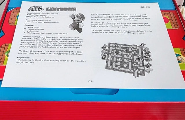 Super Mario Labyrinth game instructions with maze diagram on a colorful background