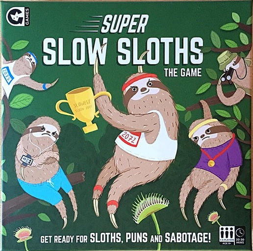 Box for 'Super Slow Sloths' board game with sloth illustrations and text.