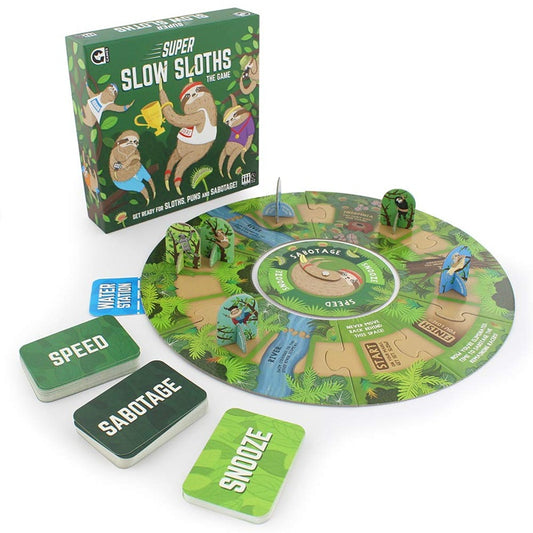 Board game set with 'Super Slow Sloths' packaging, board, cards, and figures on a white background