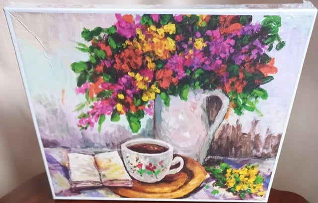 Painting of a teapot with flowers and a cup of coffee on a table.