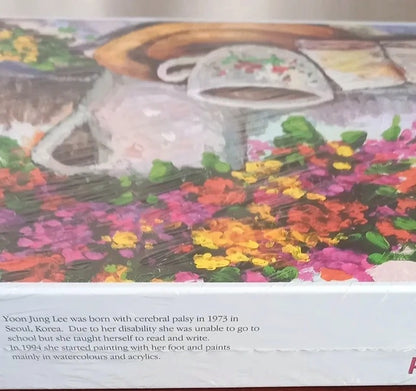 Colorful painting of a teapot and flowers with text about Yoon Jung Lee.