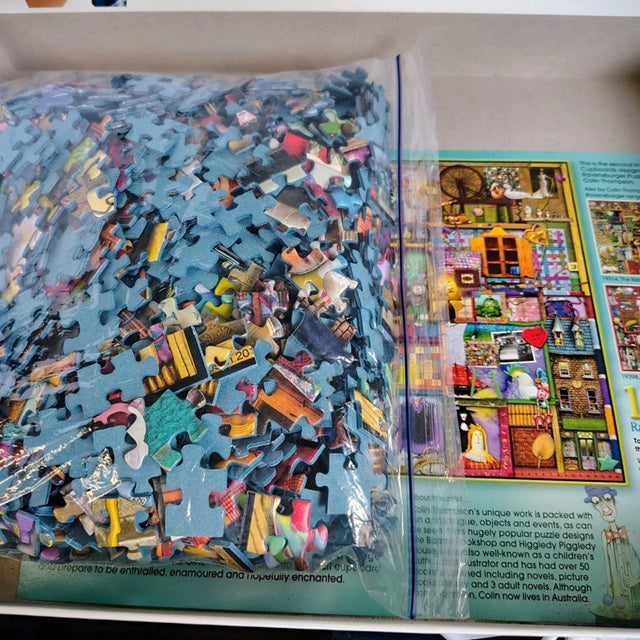 Jigsaw puzzle with a colorful illustration on the right side