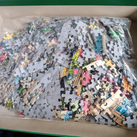Pile of assorted puzzle pieces in a clear plastic bag.