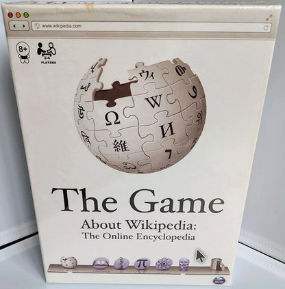 Board game box titled 'The Game About Wikipedia' with a puzzle sphere design.