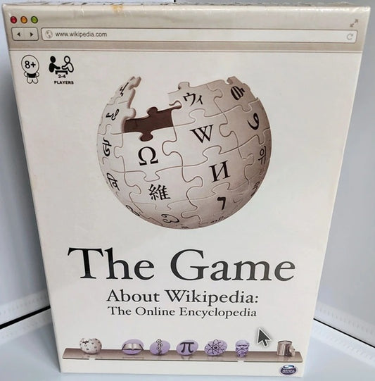 Board game box titled 'The Game About Wikipedia' with a puzzle sphere design.