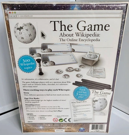 Board game packaging titled 'The Game About Wikipedia' on a white background