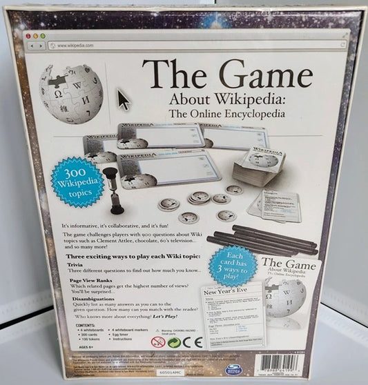 Board game packaging titled 'The Game About Wikipedia' on a white background