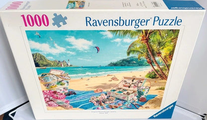 Ravensburger 1000-piece puzzle box with a beach scene illustration. The Shell Collector.