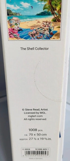 Packaging for 'The Shell Collector' artwork by Steve Read, featuring a beach scene illustration.