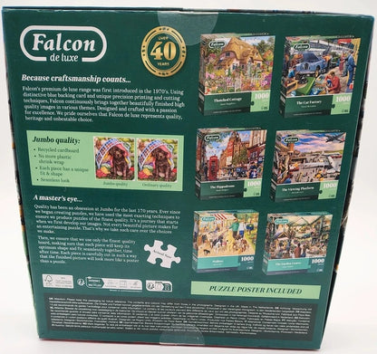 The back of a Falcon de luxe 40th anniversary jigsaw puzzle box, showing product information, puzzle images, and a puzzle poster included.