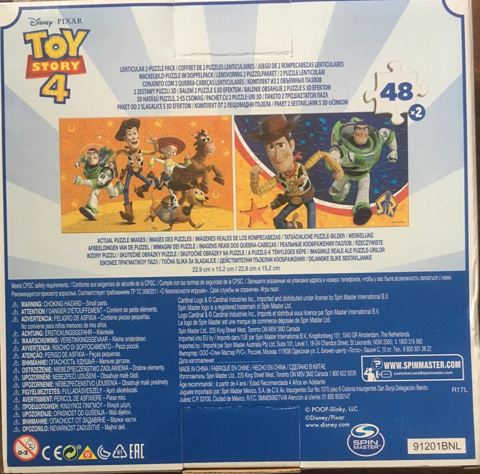 Back of a toy packaging featuring characters from 'Toy Story 4' with branding and product details.