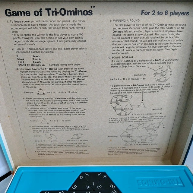 Instructions for the Game of Tri-Ominos with text and diagrams on a beige background.
