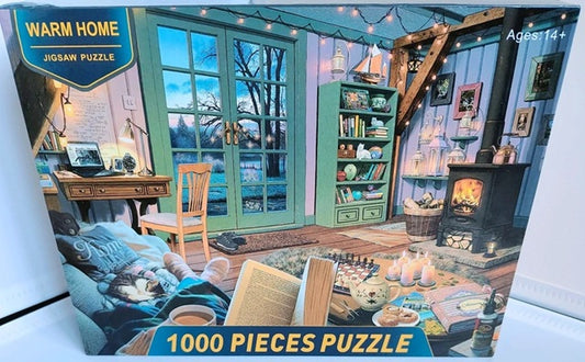 Jigsaw puzzle packaging with a cozy room scene, 1000 pieces, and 'Warm Home' branding.