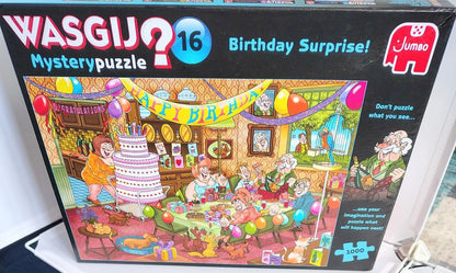 A Jumbo Wasgij 16 'Birthday Surprise!' jigsaw puzzle box, showing a colorful illustrated birthday party scene on the front with a large number 16 and the Jumbo elephant logo.