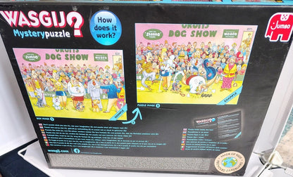 WASGIJO's 'Grumpy Dog Show' Mystery puzzle box by Jumbo, showing the back of the packaging with product details, illustrations, and instructions.