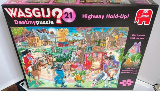 Jumbo Wasgij Destiny puzzle box titled 'Highway Hold-Up!' on a white background