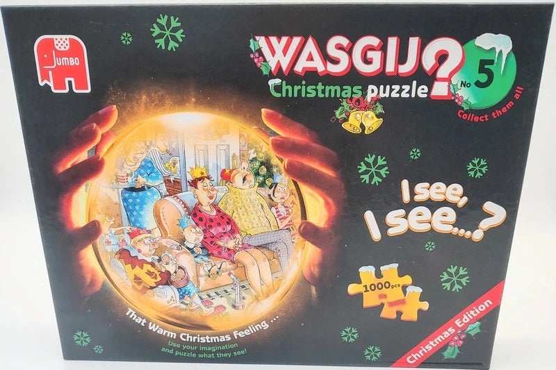 Jumbo Wasgij Christmas Puzzle 5, That Warm Christmas Feeling, 1000 piece jigsaw puzzle featuring festive holiday artwork with a family in a warm glowing circle on a black background.