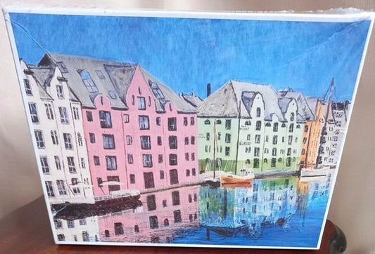 Colorful illustration of a canal scene with buildings