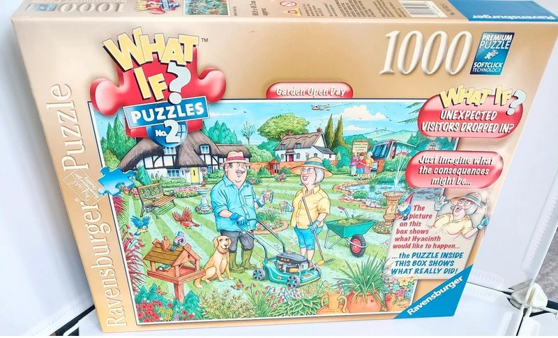 A 1000-piece Ravensburger 'What If? No 2 Garden Open Day Puzzles' jigsaw puzzle box, featuring a colorful cartoon illustration of a garden scene with characters and text overlays.