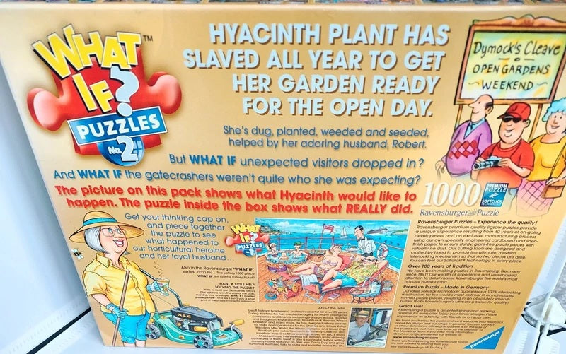 Front and back of a 'What If? Puzzles' box for 'Hyacinth Plant Has Slaved All Year To Get Her Garden Ready For The Open Day.' showing colorful illustrations and text on a beige background.