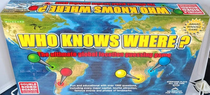 Board game box titled 'Who Knows Where?' with a world map design on the packaging.