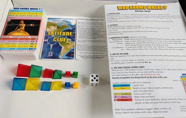 Board game components including cards, dice, and instructions on a table.