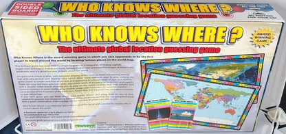 Board game box for 'Who Knows Where?' with world map and text on a white background